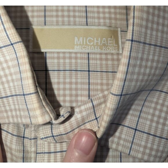 Michael Kors Men's Button Up Tan Plaid Slim Fit Dress Shirt Size 34/35 - Picture 4 of 5